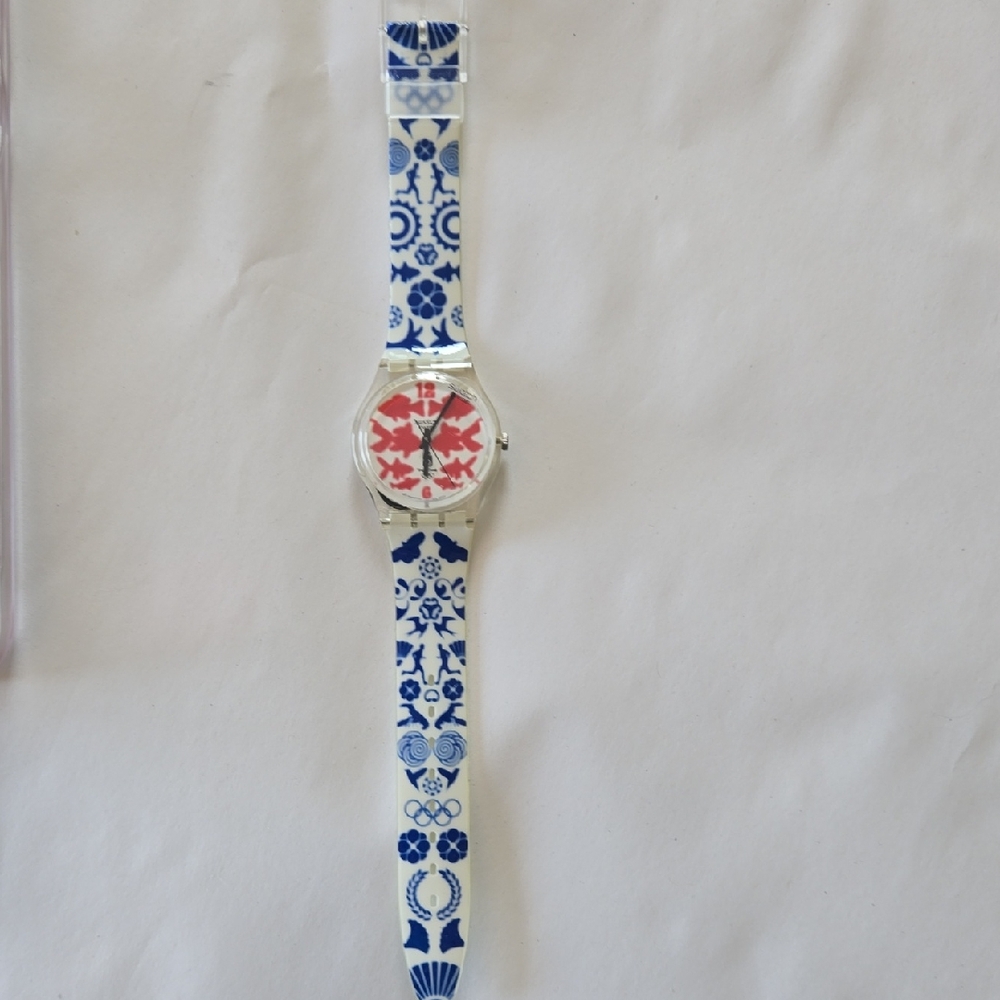 SWATCH Blue and White Patterned Watch with Red Accents. Beijing 2008 Olympics